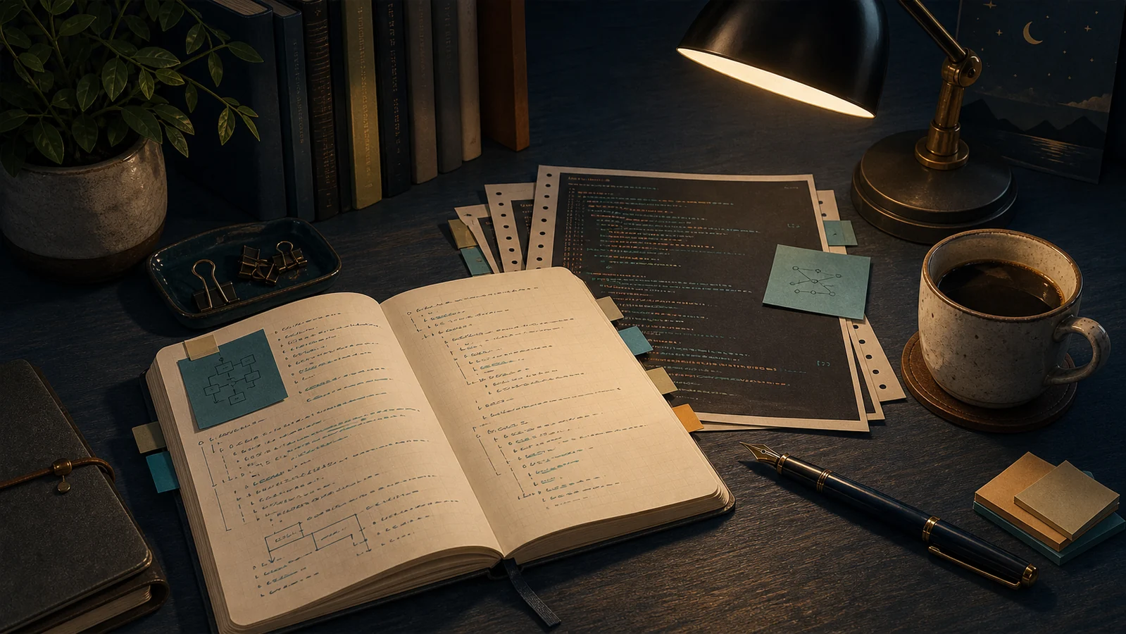 夜间整理代码笔记与技术文章的写作桌面
